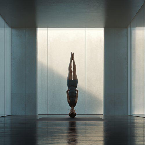 Woman in 40s does headstand in sleek yoga studio