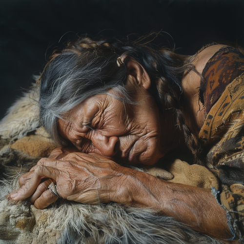 Woman in Prehistoric Era Sleeping: Grey Hair, Shaved Head