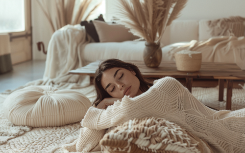 Woman in beige sweater lying peacefully on soft rug