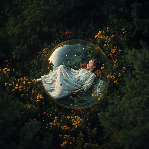 Woman in bubble: serene in colorful forest, dark beyond.