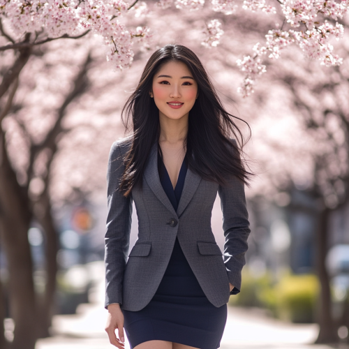 Woman in business district with cherry blossoms.