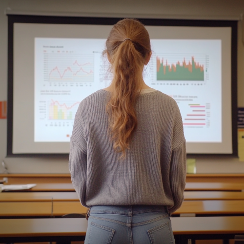 Woman in gray cardigan presenting graphs for PPT.