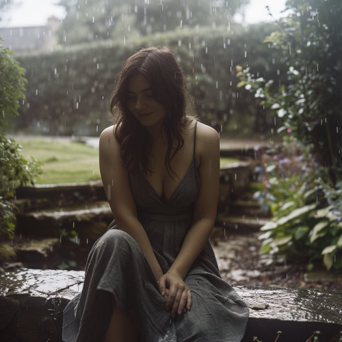 Woman in grey dress smiling on rainy stairs