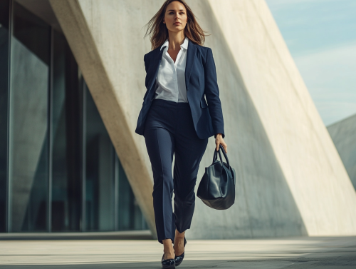 Woman in professional attire walks confidently outside office.