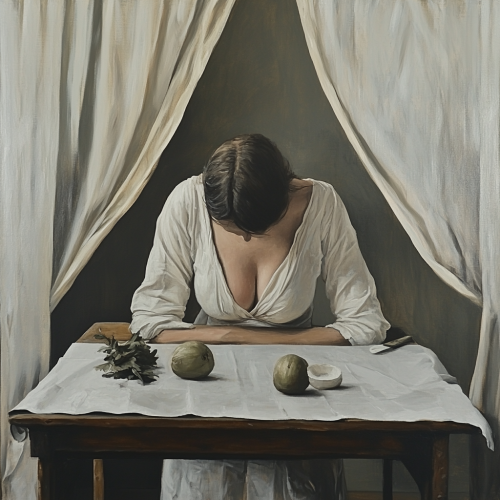 Woman in white linen half in table painting