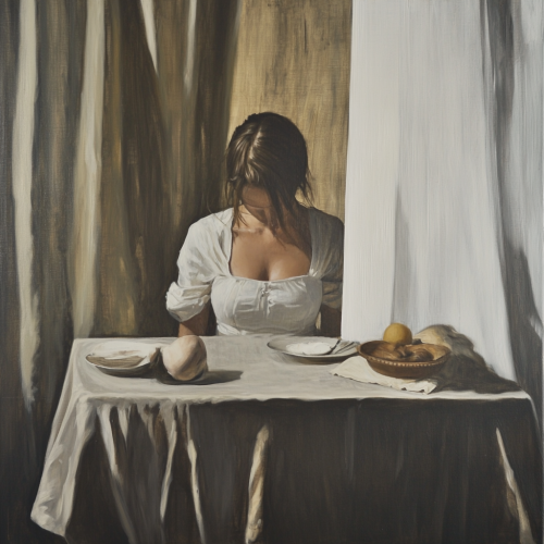 Woman in white linens emerges from table