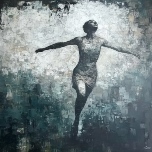 Woman in white painting with dramatic brushstrokes