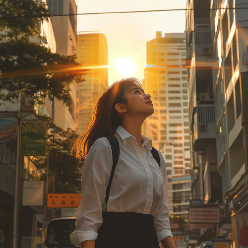 Woman in work clothes looks energized walking in Singapore.