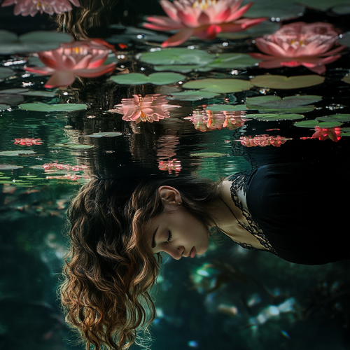 Woman looks at reflection, sees twin in pond.