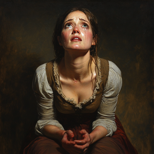 Woman mourns in Baroque-style painting: intense sorrow depicted