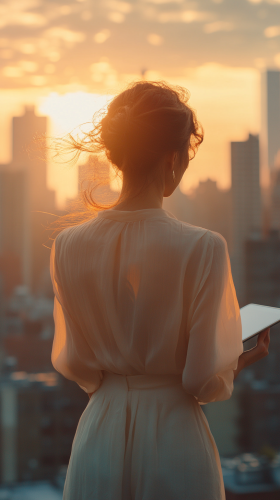 Woman on rooftop helipad in Manhattan at sunset