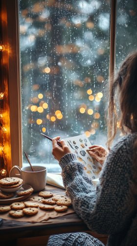 Woman painting in cozy reading nook with fairy lights
