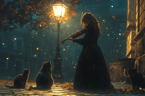 Woman plays violin surrounded by street cats, drawing.