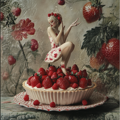Woman poses with strawberry almond tart sculpture