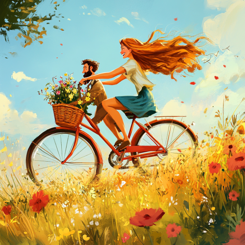 Woman rides bicycle with man in basket full of flowers herbs. Woman rides bicycle with man in basket full of flowers herbs.