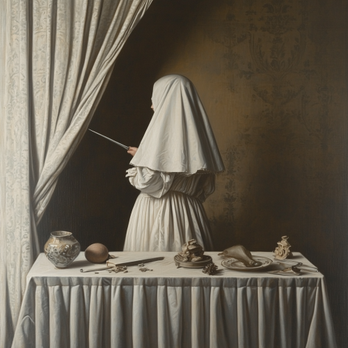 Woman standing at table with still life objects