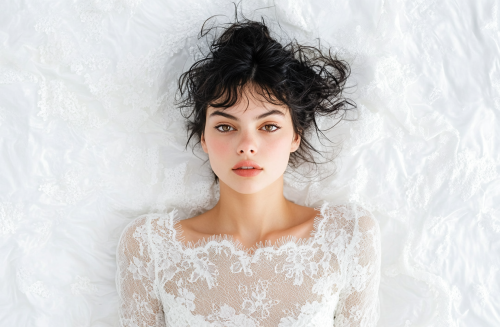 Woman wearing white lace dress in horoscope-themed photoshoot