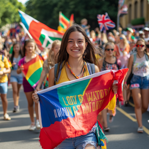 Woman with Loved & Wanted flag leads parade