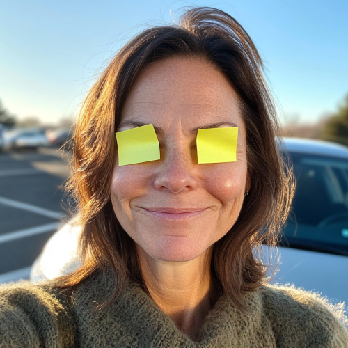 Woman with Post-It Notes Selfie in Manchester Parking Lot Woman with Post-It Notes Selfie in Manchester Parking Lot