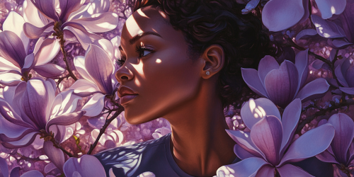 Woman with hope surrounded by magnolia flowers in shadows.