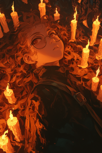 Woman with red hair and glasses surrounded by burning candles.