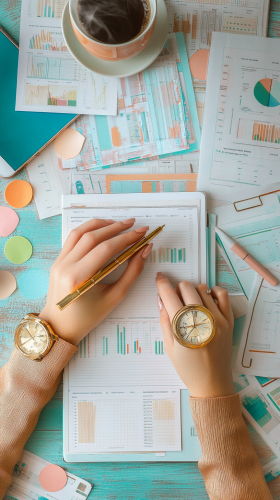 Woman writing in planner with gold pen and watch