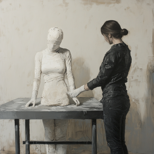 Women applying plaster gauze in artist's studio