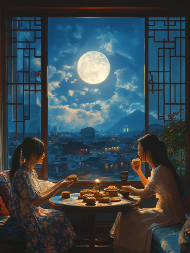 Women enjoying Mid-Autumn Festival in modern room