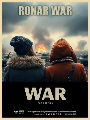 Women in war movie poster, looking at scene.