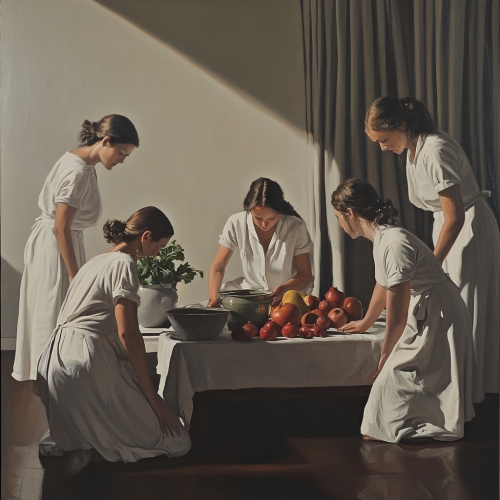 Women in white linen arranging still life objects
