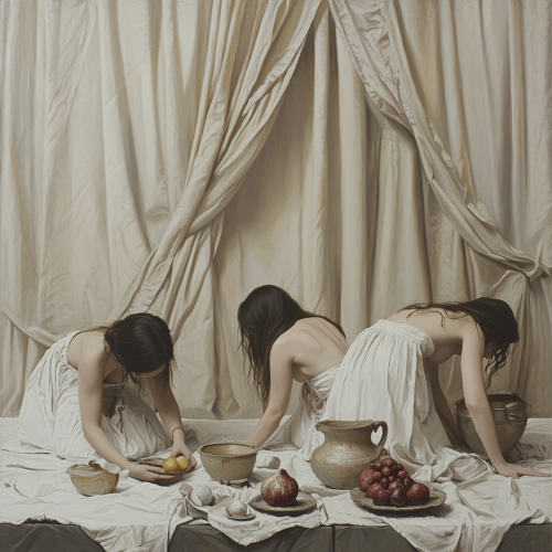 Women in white linens imitating still life