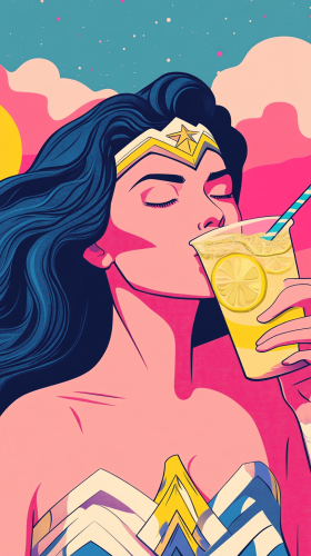 Wonder Woman sips lemonade in pop art style