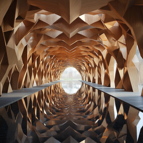 Wooden triangular pavilion with woven cords and reflective floor.