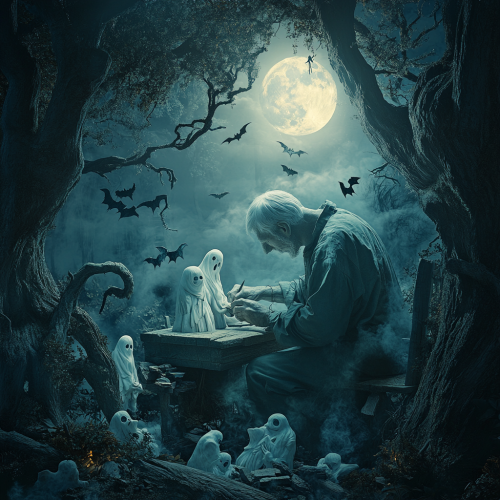 Woodworker Crafting Spooky Figures in Haunted Forest