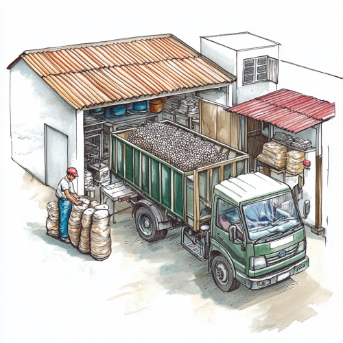 Workers unload bags of plastic from small truck