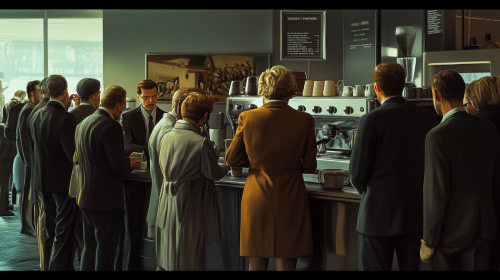 Workers wait in line for coffee in office