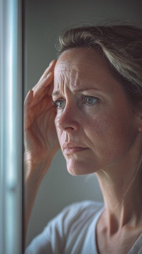 Worried woman inspecting psoriasis in high-definition mirror.