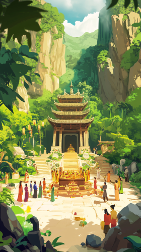 Worshippers Pray at Altar in Ancient Temple