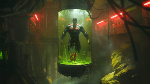 Wounded superman in glass tank in underground lab.