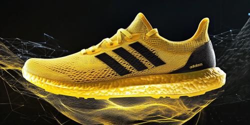 Yellow Adidas shoe on clean black background, modern design