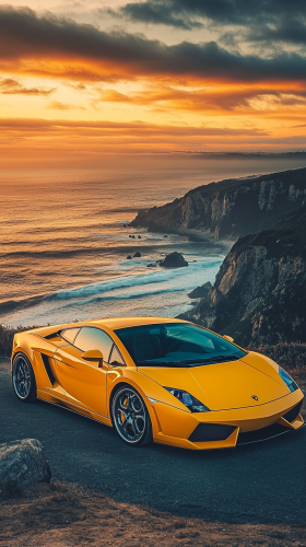 Yellow Lamborghini on cliff with ocean waves and sunset. Yellow Lamborghini on cliff with ocean waves and sunset.