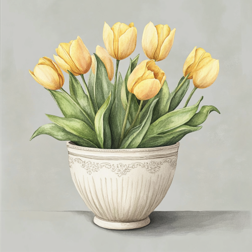 Yellow Tulips in Beautiful Pot, Watercolor Illustration Yellow Tulips in Beautiful Pot, Watercolor Illustration