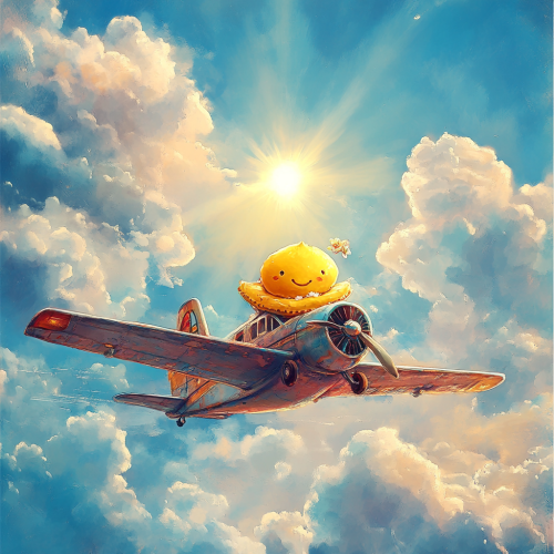 Yellow modak on airplane in sunny sky with clouds.