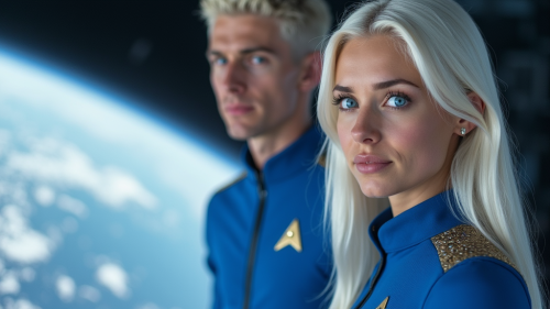 Young Astronauts in Blue Uniforms Orbiting Earth