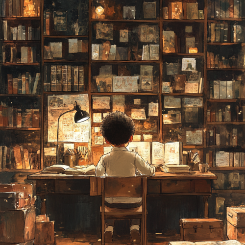 Young Black child writing story in cozy attic