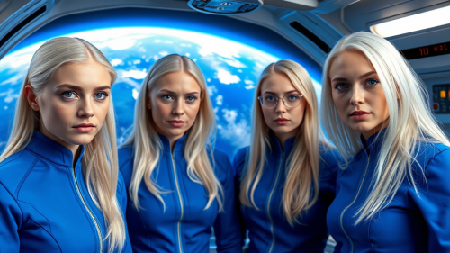 Young Crew Orbiting Earth in Blue Starship Uniforms