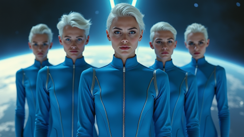 Young Crew Orbiting Earth in Futuristic Starship