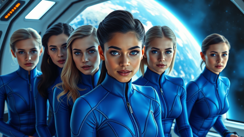Young Crew in Blue Uniforms Orbiting Earth