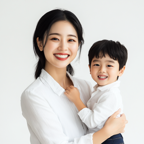 Young Korean woman, confident smile, white background, with son.
