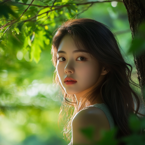 Young Korean woman with radiant skin in forest